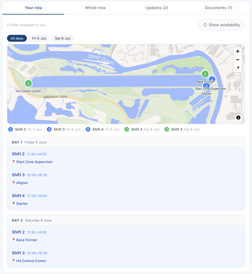 Volunteer event schedule showing shifts by day with a map of position locations