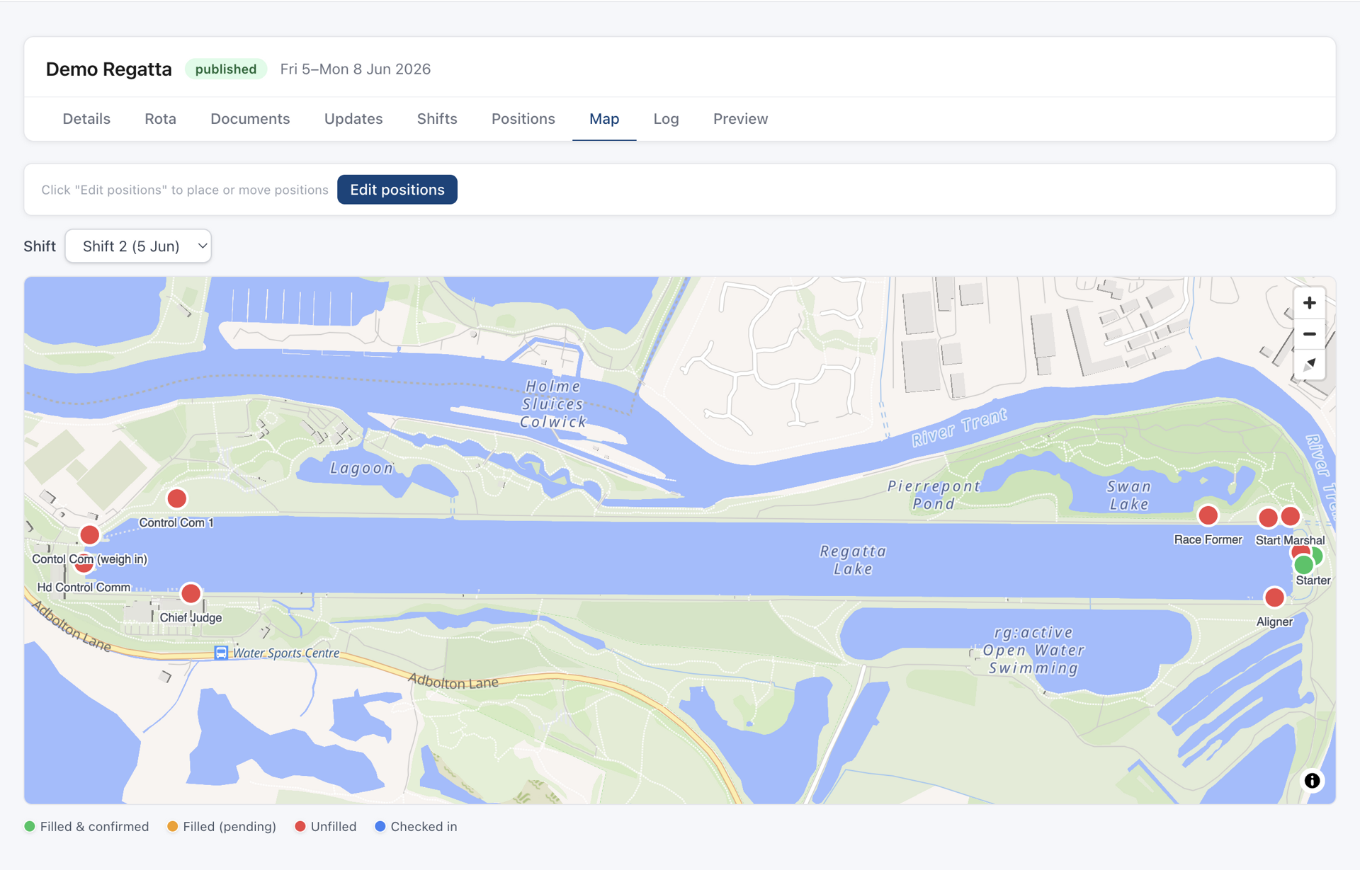 Admin position map editor showing draggable markers placed on a venue map with a shift selector