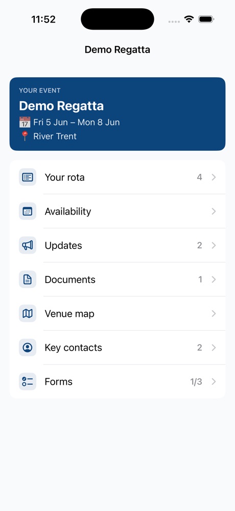 The EventRota volunteer app's event screen: your rota, availability, updates, documents, venue map, key contacts and forms